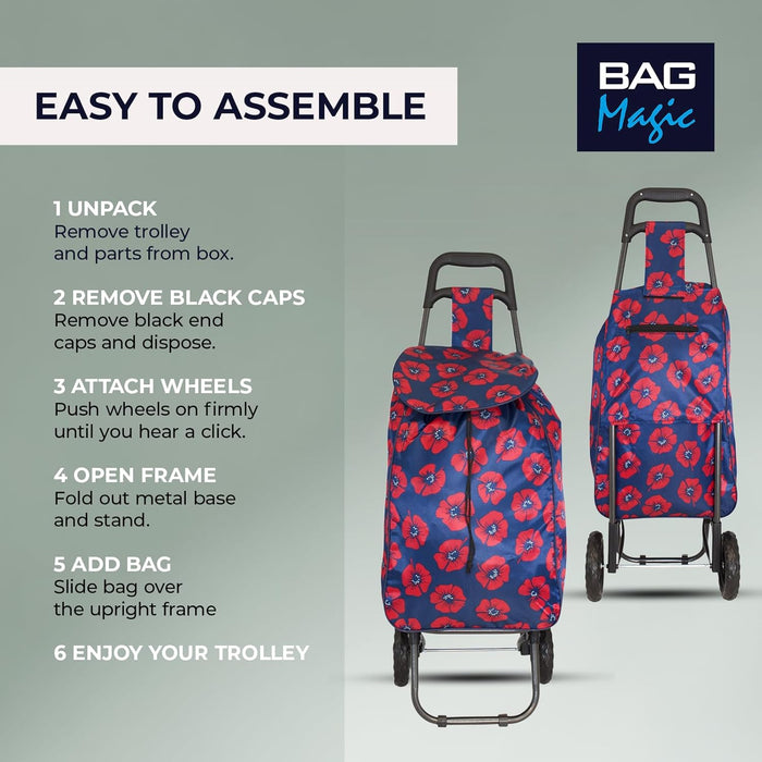 Lightweight 2 Wheel Shopping Trolley Cart 35L - Water-Resistant Bag & Smooth Rolling Wheels - 94cm
