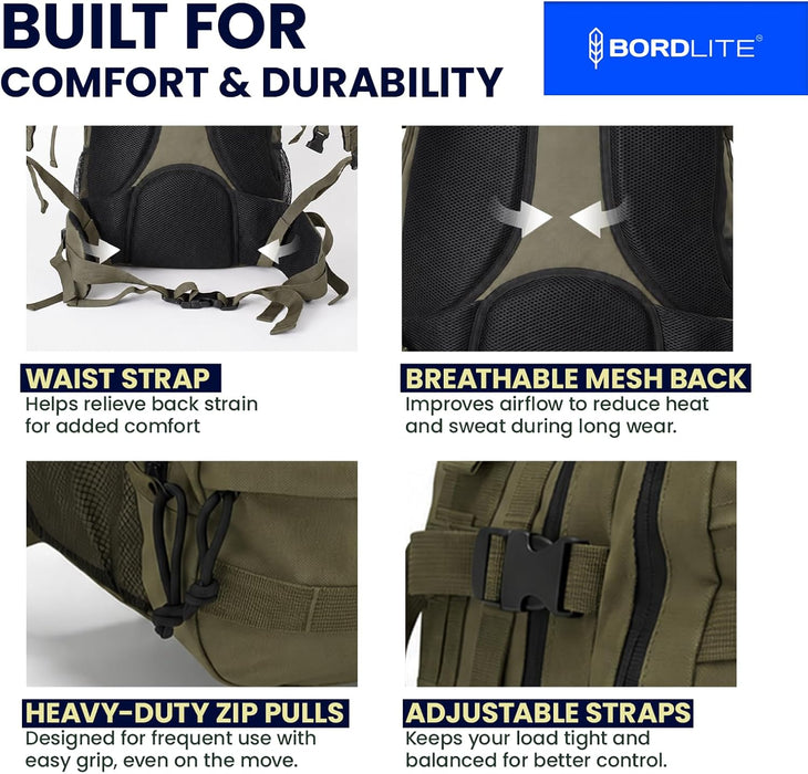 Bordlite 25L Military Tactical Backpack, Heavy Duty MOLLE Rucksack with Padded Shoulder Straps, Waist Belt, Multiple Compartments for Hiking, Camping, Travel, Gym & Work