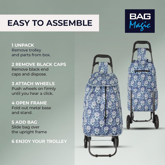 Lightweight 2 Wheel Shopping Trolley Cart 35L - Water-Resistant Bag & Smooth Rolling Wheels - 94cm