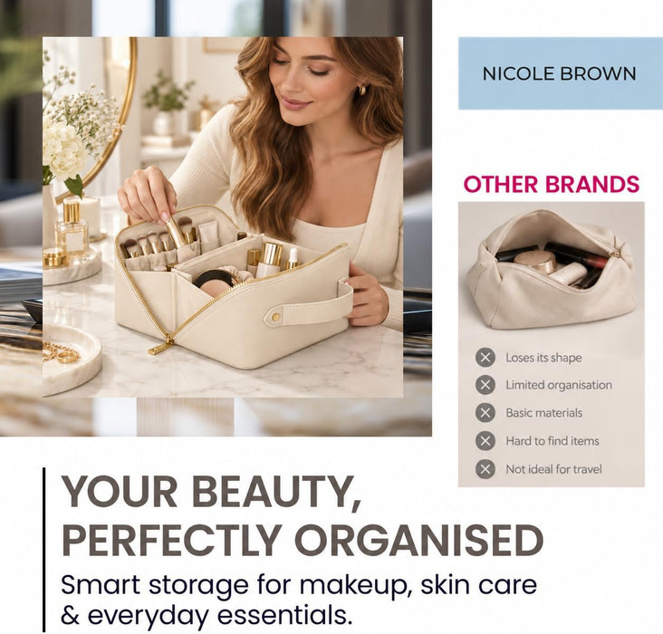 Nicole Brown Large Makeup Bag for Women 24x12x12cm – Cosmetic Organiser with Compartments & Brush Holders – Travel Toiletry Bag with Gold Zip & Carry Handle