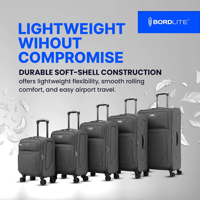 Bordlite Softshell Spinner Suitcase Black - Expandable Travel Luggage with 360 Wheels, Combination Lock, Telescopic Handle and Front Pockets (Available in 19", 22", 27", 30", 34" and Bundle Sets)