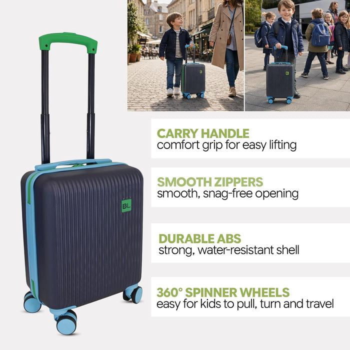 Bordlite Kids Suitcase 40x30x20cm Blue Cabin Luggage for Boys & Girls, Childrens Underseat Travel Case with 360 Spinner Wheels, Telescopic Handle, ABS Shell for Ryanair & Wizz Air
