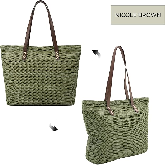 Nicole Brown Straw Beach Bag for Women – Large Woven Tote Bag with Zip Closure & Interior Pocket, Lightweight Summer Shoulder Bag for Beach, Holiday, Shopping & Travel