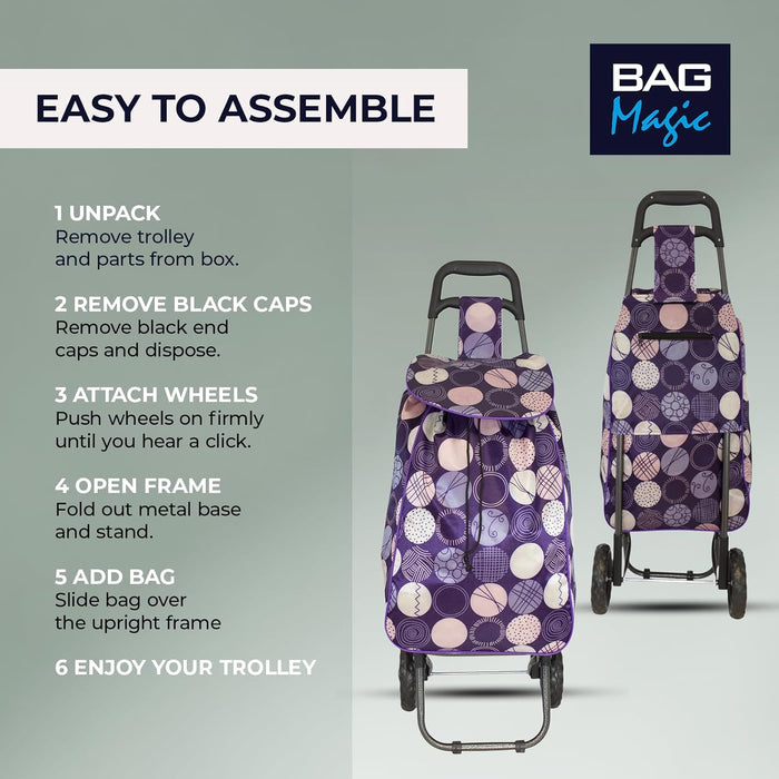 Lightweight 2 Wheel Shopping Trolley Cart 35L - Water-Resistant Bag & Smooth Rolling Wheels - 94cm