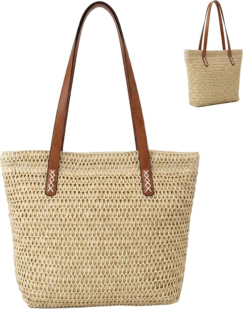 Nicole Brown Straw Tote Bag for Women – Woven Summer Shoulder Bag with Zip Closure & Interior Zip Pocket, Lightweight Beach Shopper Tote for Holidays, Travel & Everyday Use
