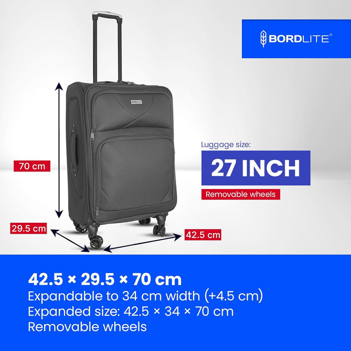Bordlite Softshell Spinner Suitcase Black - Expandable Travel Luggage with 360 Wheels, Combination Lock, Telescopic Handle and Front Pockets (Available in 19", 22", 27", 30", 34" and Bundle Sets)