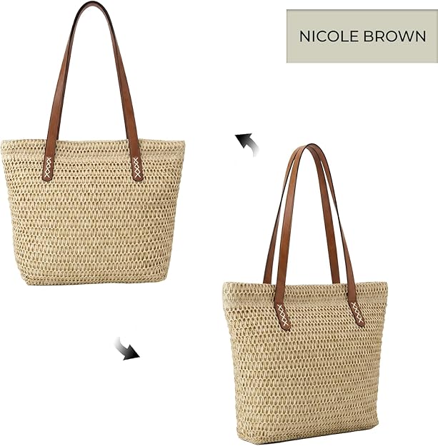 Nicole Brown Straw Tote Bag for Women – Woven Summer Shoulder Bag with Zip Closure & Interior Zip Pocket, Lightweight Beach Shopper Tote for Holidays, Travel & Everyday Use
