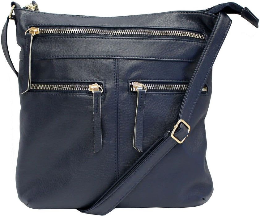 Nicole Brown - Faux Leather Ladies Crossbody Handbag - Multi Zipped Front Pockets Women's Bag (Navy)