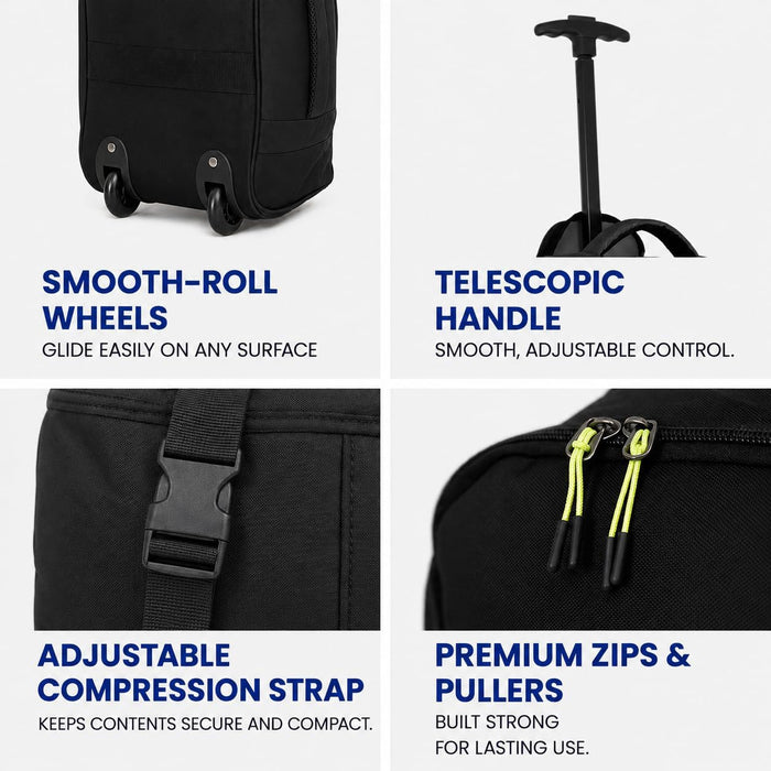 Bordlite Ryanair Cabin Bag 40x25x20cm Underseat Wheeled Travel Bag, Lightweight 20L Hand Luggage with Telescopic Handle, Smooth Wheels, Compression Straps, Side Pocket & Luggage Strap