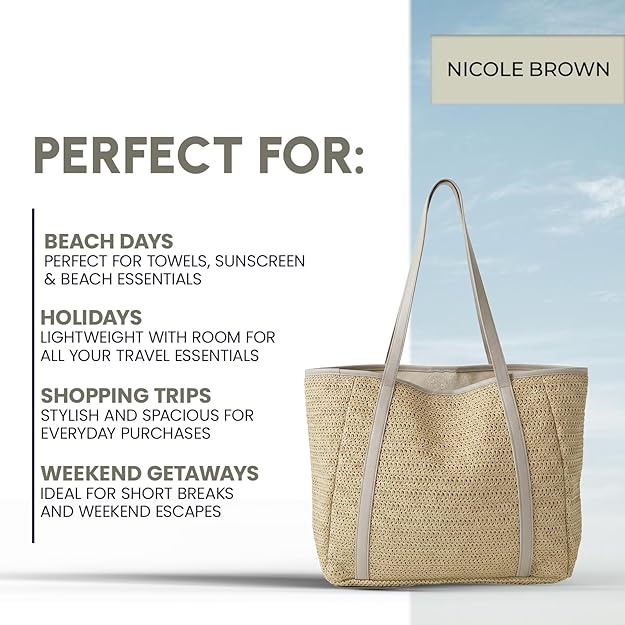 Nicole Brown Straw Tote Bag for Women – Summer Beach Shoulder Bag with Magnetic Closure & Inner Zip Pocket, Lightweight Woven Shopper for Holidays, Travel & Everyday Use