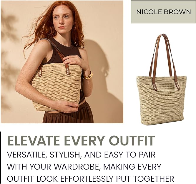 Nicole Brown Straw Tote Bag for Women – Woven Summer Shoulder Bag with Zip Closure & Interior Zip Pocket, Lightweight Beach Shopper Tote for Holidays, Travel & Everyday Use