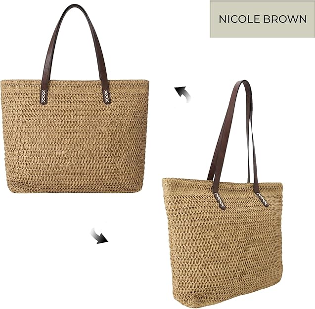 Nicole Brown Straw Beach Bag for Women – Large Woven Tote Bag with Zip Closure & Interior Pocket, Lightweight Summer Shoulder Bag for Beach, Holiday, Shopping & Travel