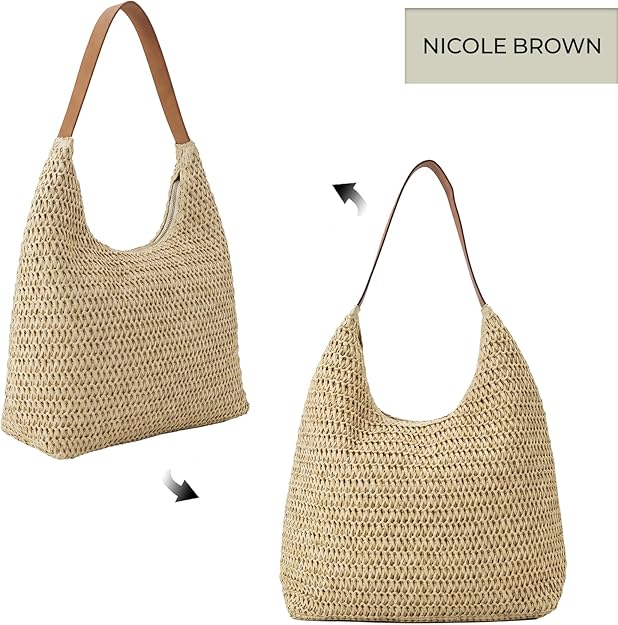 Nicole Brown Women's Straw Hobo Shoulder Bag - Woven Summer Beach Handbag with Zip Closure, Lightweight Holiday Tote for Travel, Shopping & Everyday Use