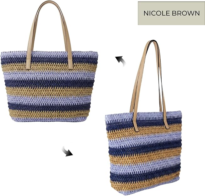 Nicole Brown Women's Straw Tote Bag - Woven Summer Beach Bag with Zip Closure & Interior Pocket, Lightweight Holiday Shoulder Shopper for Travel, Shopping & Beach Days