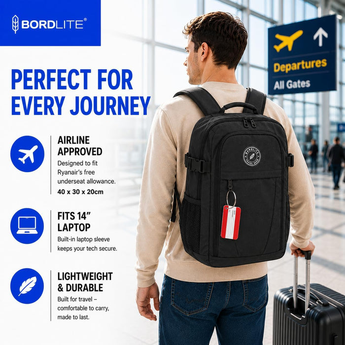 Bordlite Ryanair Cabin Bag 40x30x20cm Under Seat Travel Backpack + Free Luggage Tag