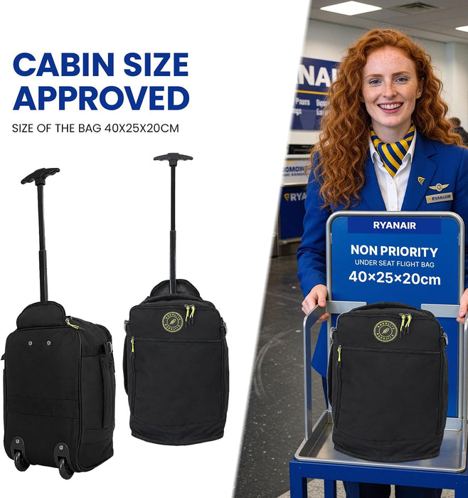 Bordlite Ryanair Cabin Bag 40x25x20cm Underseat Wheeled Travel Bag, Lightweight 20L Hand Luggage with Telescopic Handle, Smooth Wheels, Compression Straps, Side Pocket & Luggage Strap