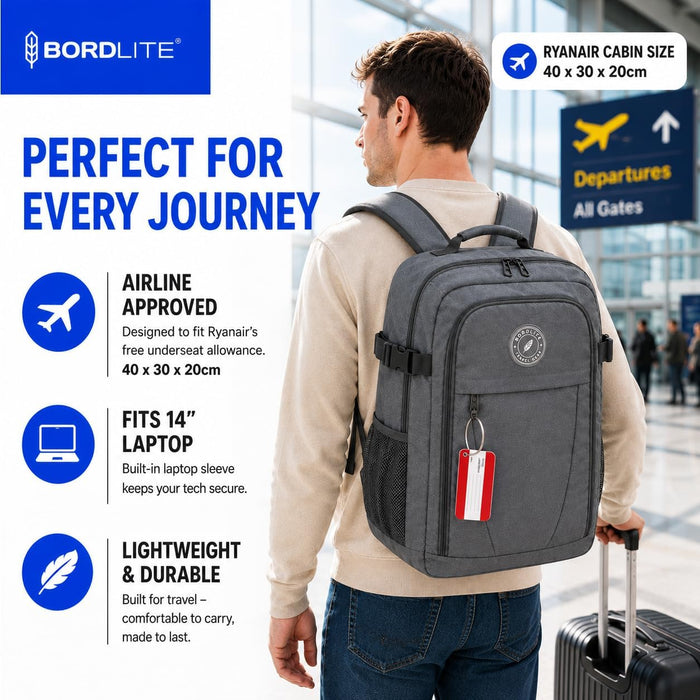 Bordlite Ryanair Cabin Bag 40x30x20cm Under Seat Travel Backpack + Free Luggage Tag