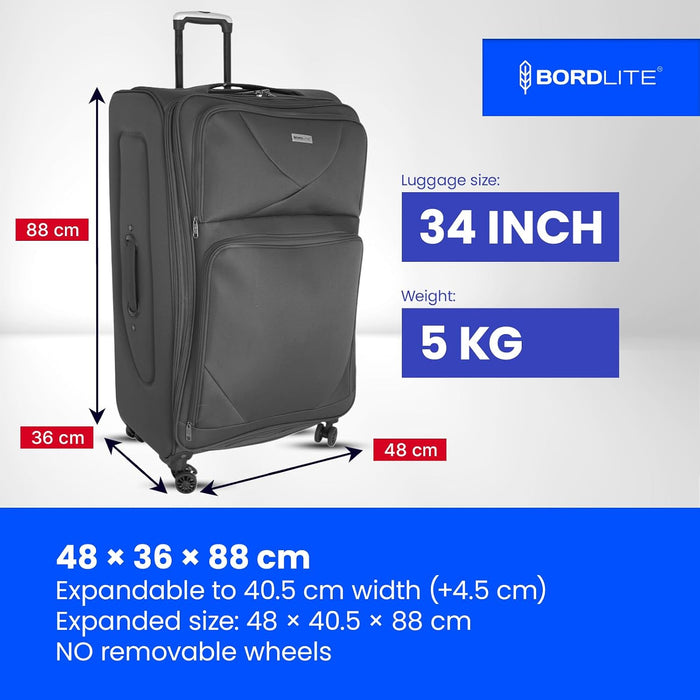 Bordlite Softshell Spinner Suitcase Black - Expandable Travel Luggage with 360 Wheels, Combination Lock, Telescopic Handle and Front Pockets (Available in 19", 22", 27", 30", 34" and Bundle Sets)