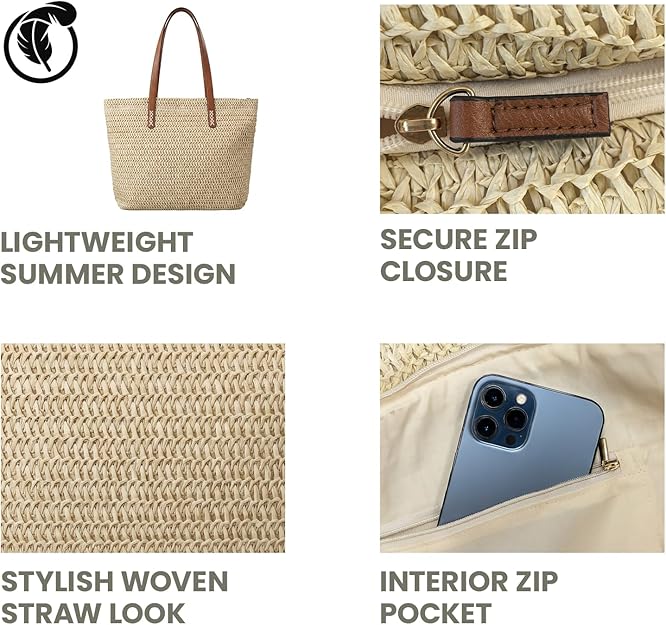 Nicole Brown Straw Tote Bag for Women – Woven Summer Shoulder Bag with Zip Closure & Interior Zip Pocket, Lightweight Beach Shopper Tote for Holidays, Travel & Everyday Use