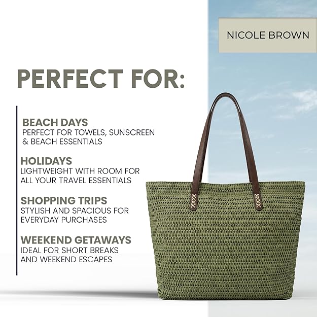 Nicole Brown Straw Beach Bag for Women – Large Woven Tote Bag with Zip Closure & Interior Pocket, Lightweight Summer Shoulder Bag for Beach, Holiday, Shopping & Travel