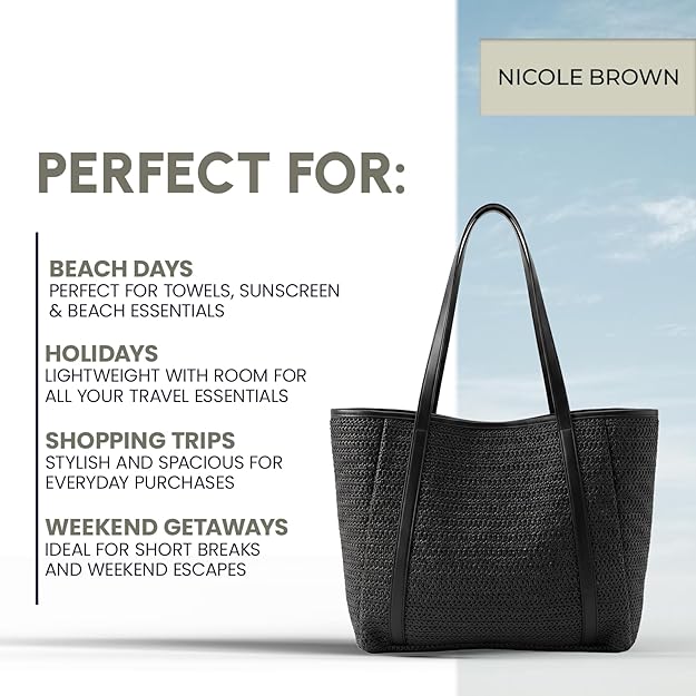 Nicole Brown Straw Tote Bag for Women – Summer Beach Shoulder Bag with Magnetic Closure & Inner Zip Pocket, Lightweight Woven Shopper for Holidays, Travel & Everyday Use