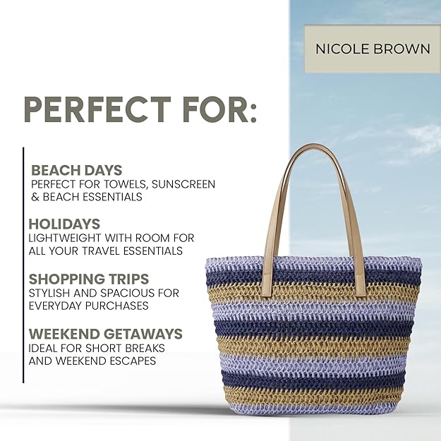 Nicole Brown Women's Straw Tote Bag - Woven Summer Beach Bag with Zip Closure & Interior Pocket, Lightweight Holiday Shoulder Shopper for Travel, Shopping & Beach Days