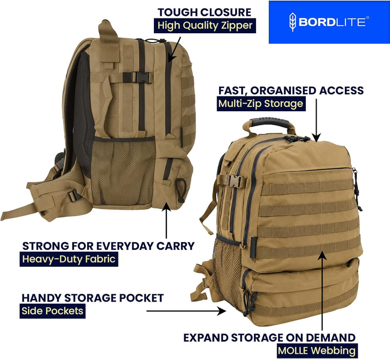 Bordlite 25L Military Tactical Backpack, Heavy Duty MOLLE Rucksack with Padded Shoulder Straps, Waist Belt, Multiple Compartments for Hiking, Camping, Travel, Gym & Work