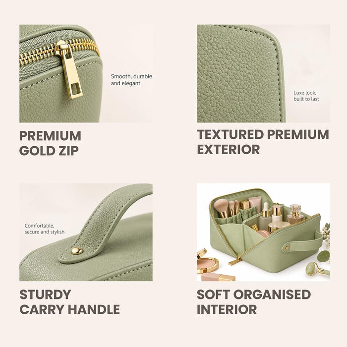 Nicole Brown Large Makeup Bag for Women 24x12x12cm – Cosmetic Organiser with Compartments & Brush Holders – Travel Toiletry Bag with Gold Zip & Carry Handle