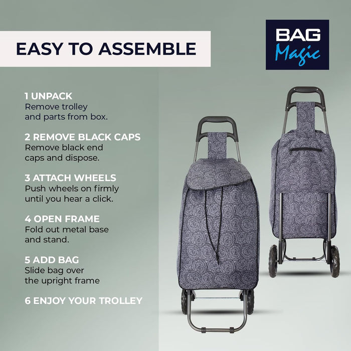 Lightweight 2 Wheel Shopping Trolley Cart 35L - Water-Resistant Bag & Smooth Rolling Wheels - 94cm