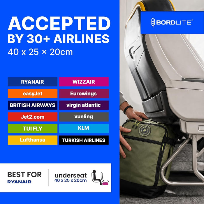 Bordlite Ryanair Cabin Bag 40x25x20cm Underseat Wheeled Travel Bag, Lightweight 20L Hand Luggage with Telescopic Handle, Smooth Wheels, Compression Straps, Side Pocket & Luggage Strap