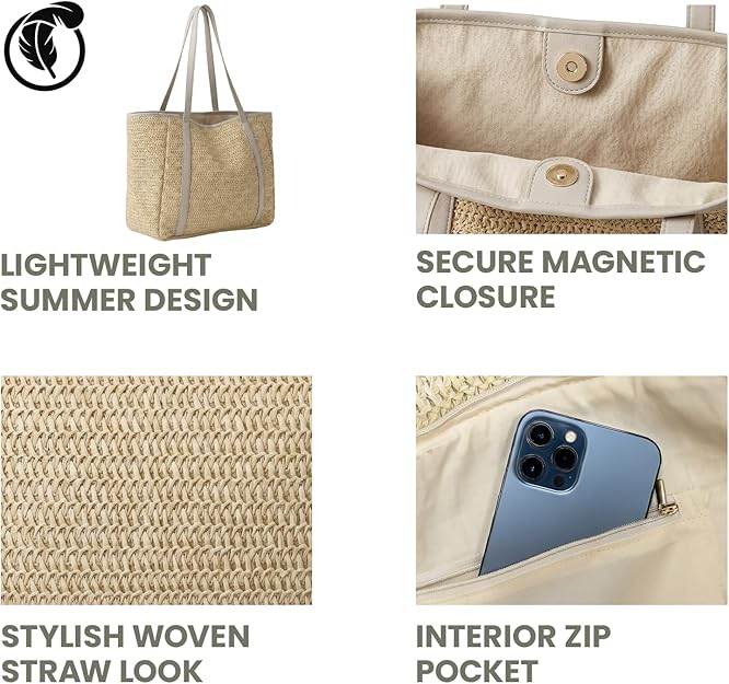 Nicole Brown Straw Tote Bag for Women – Summer Beach Shoulder Bag with Magnetic Closure & Inner Zip Pocket, Lightweight Woven Shopper for Holidays, Travel & Everyday Use