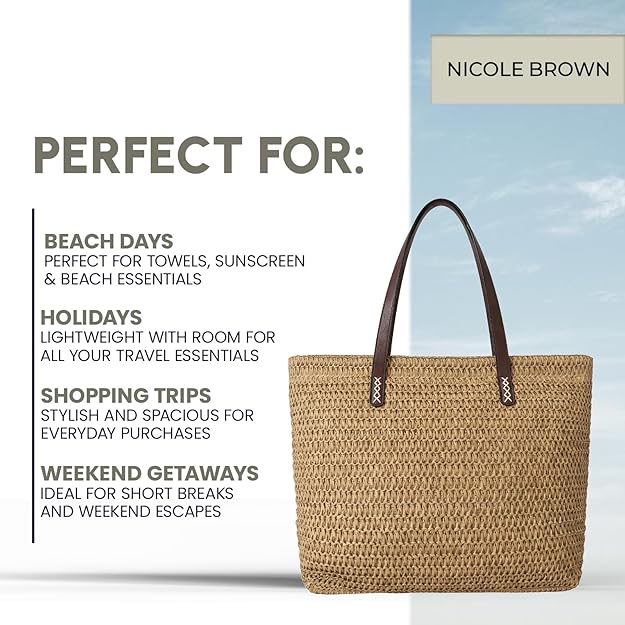 Nicole Brown Straw Beach Bag for Women – Large Woven Tote Bag with Zip Closure & Interior Pocket, Lightweight Summer Shoulder Bag for Beach, Holiday, Shopping & Travel