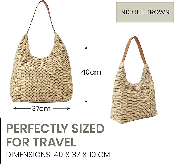 Nicole Brown Women's Straw Hobo Shoulder Bag - Woven Summer Beach Handbag with Zip Closure, Lightweight Holiday Tote for Travel, Shopping & Everyday Use