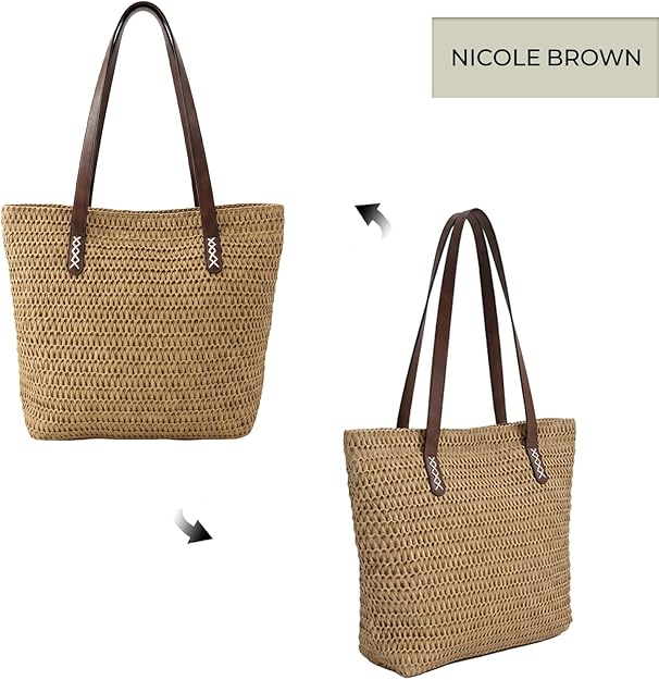 Nicole Brown Straw Tote Bag for Women – Woven Summer Shoulder Bag with Zip Closure & Interior Zip Pocket, Lightweight Beach Shopper Tote for Holidays, Travel & Everyday Use