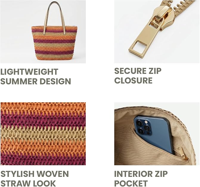 Nicole Brown Women's Straw Tote Bag - Woven Summer Beach Bag with Zip Closure & Interior Pocket, Lightweight Holiday Shoulder Shopper for Travel, Shopping & Beach Days