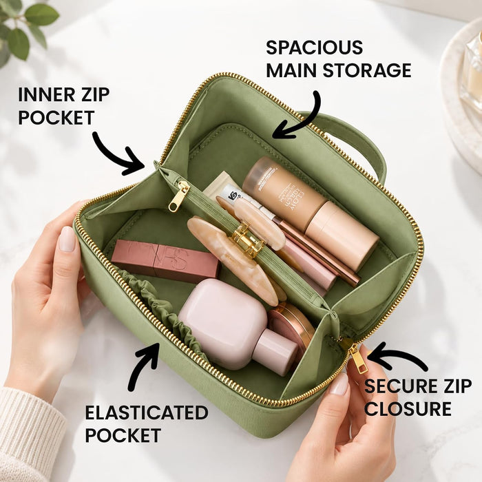 Nicole Brown Large Makeup Bag for Women 24x12x12cm – Cosmetic Organiser with Compartments & Brush Holders – Travel Toiletry Bag with Gold Zip & Carry Handle