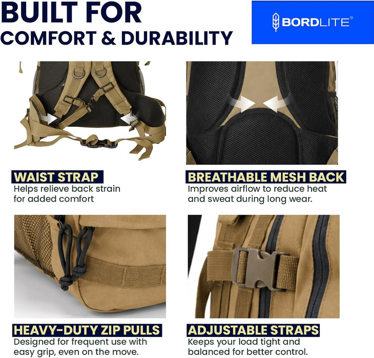 Bordlite 25L Military Tactical Backpack, Heavy Duty MOLLE Rucksack with Padded Shoulder Straps, Waist Belt, Multiple Compartments for Hiking, Camping, Travel, Gym & Work