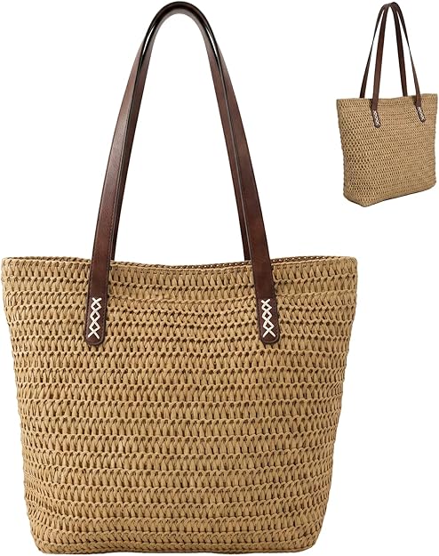 Nicole Brown Straw Tote Bag for Women – Woven Summer Shoulder Bag with Zip Closure & Interior Zip Pocket, Lightweight Beach Shopper Tote for Holidays, Travel & Everyday Use