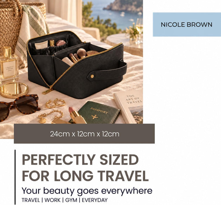 Nicole Brown Large Makeup Bag for Women 24x12x12cm – Cosmetic Organiser with Compartments & Brush Holders – Travel Toiletry Bag with Gold Zip & Carry Handle