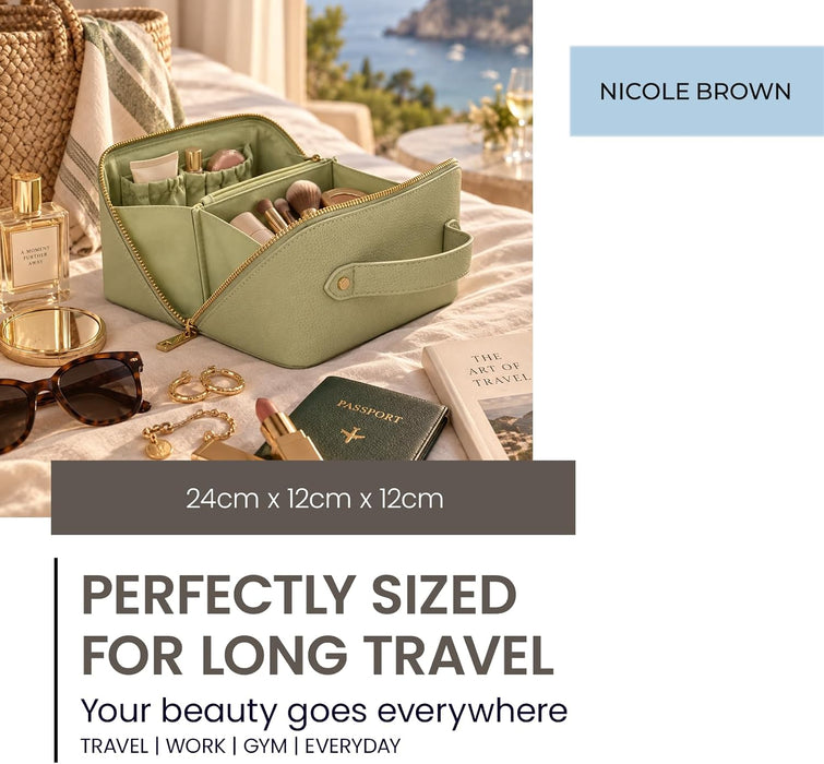 Nicole Brown Large Makeup Bag for Women 24x12x12cm – Cosmetic Organiser with Compartments & Brush Holders – Travel Toiletry Bag with Gold Zip & Carry Handle