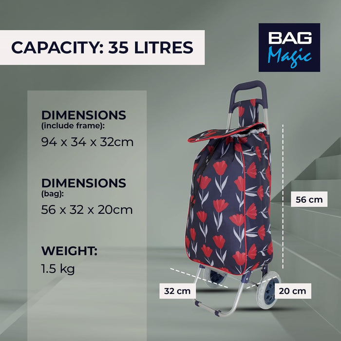 Lightweight 2 Wheel Shopping Trolley Cart 35L - Water-Resistant Bag & Smooth Rolling Wheels - 94cm
