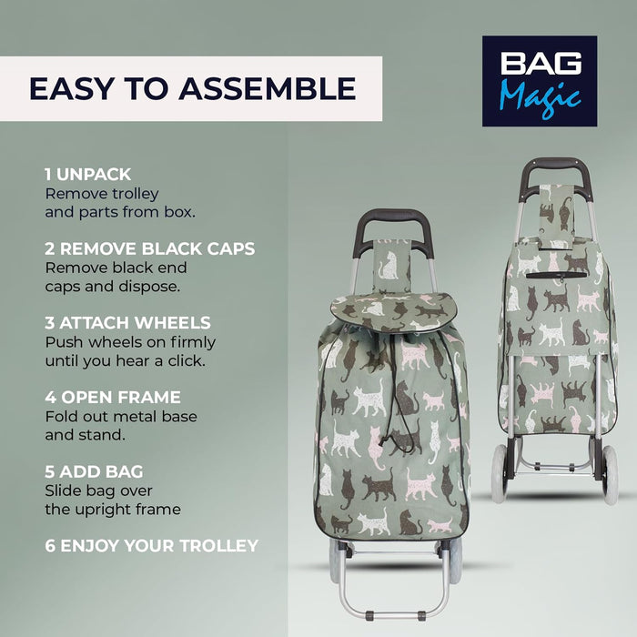 Lightweight 2 Wheel Shopping Trolley Cart 35L - Water-Resistant Bag & Smooth Rolling Wheels - 94cm