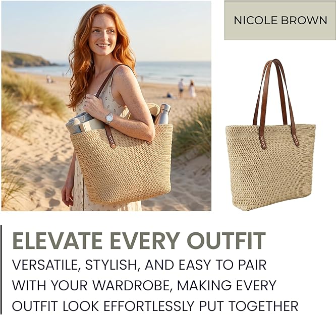 Nicole Brown Straw Beach Bag for Women – Large Woven Tote Bag with Zip Closure & Interior Pocket, Lightweight Summer Shoulder Bag for Beach, Holiday, Shopping & Travel