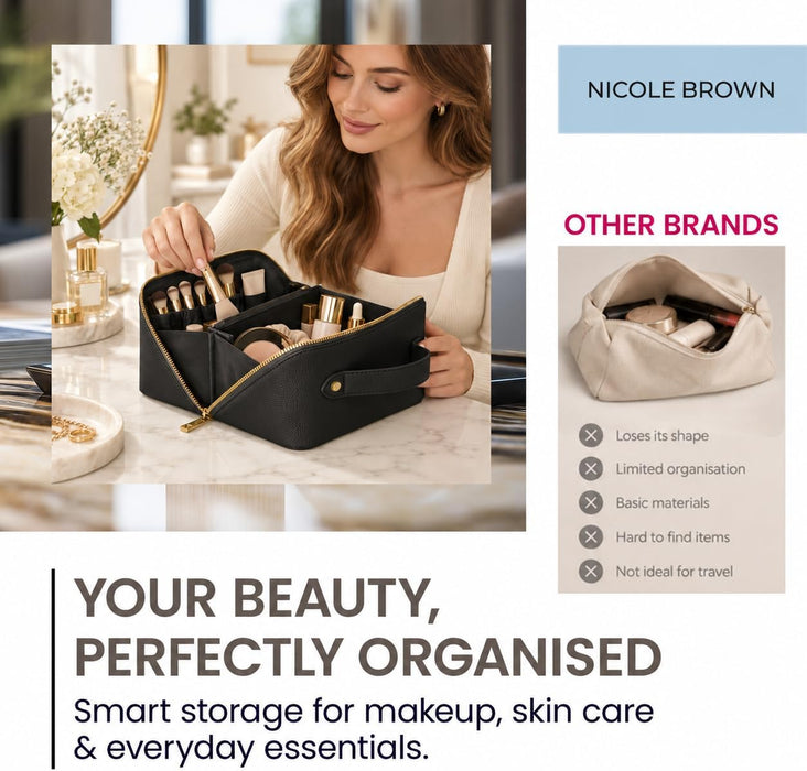 Nicole Brown Large Makeup Bag for Women 24x12x12cm – Cosmetic Organiser with Compartments & Brush Holders – Travel Toiletry Bag with Gold Zip & Carry Handle