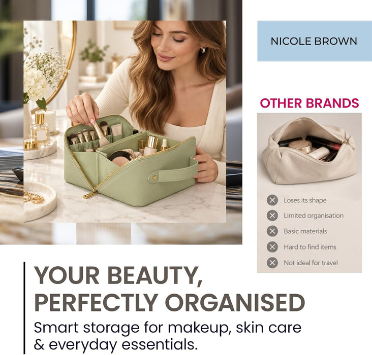 Nicole Brown Large Makeup Bag for Women 24x12x12cm – Cosmetic Organiser with Compartments & Brush Holders – Travel Toiletry Bag with Gold Zip & Carry Handle