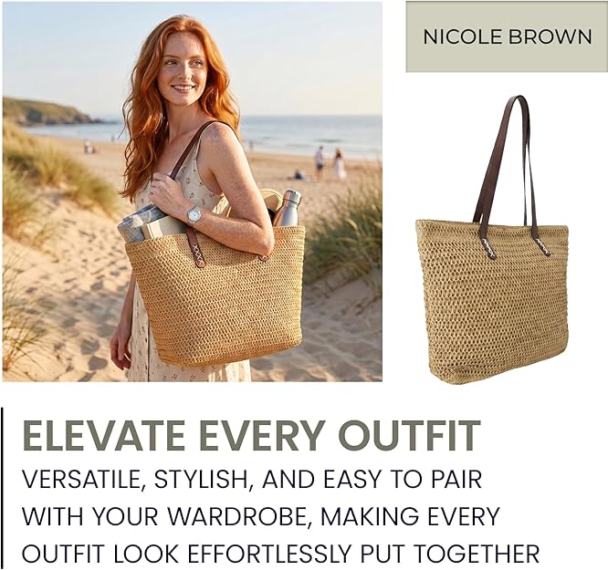 Nicole Brown Straw Beach Bag for Women – Large Woven Tote Bag with Zip Closure & Interior Pocket, Lightweight Summer Shoulder Bag for Beach, Holiday, Shopping & Travel
