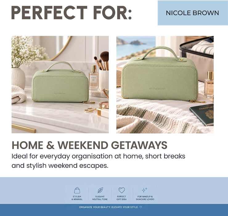 Nicole Brown Large Makeup Bag for Women 24x12x12cm – Cosmetic Organiser with Compartments & Brush Holders – Travel Toiletry Bag with Gold Zip & Carry Handle