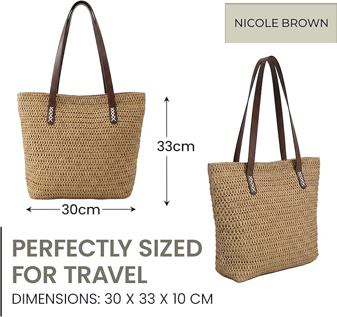 Nicole Brown Straw Tote Bag for Women – Woven Summer Shoulder Bag with Zip Closure & Interior Zip Pocket, Lightweight Beach Shopper Tote for Holidays, Travel & Everyday Use