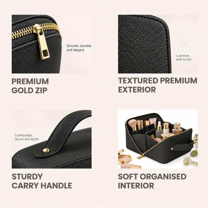 Nicole Brown Large Makeup Bag for Women 24x12x12cm – Cosmetic Organiser with Compartments & Brush Holders – Travel Toiletry Bag with Gold Zip & Carry Handle