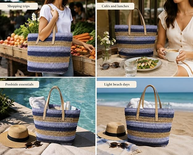 Nicole Brown Women's Straw Tote Bag - Woven Summer Beach Bag with Zip Closure & Interior Pocket, Lightweight Holiday Shoulder Shopper for Travel, Shopping & Beach Days